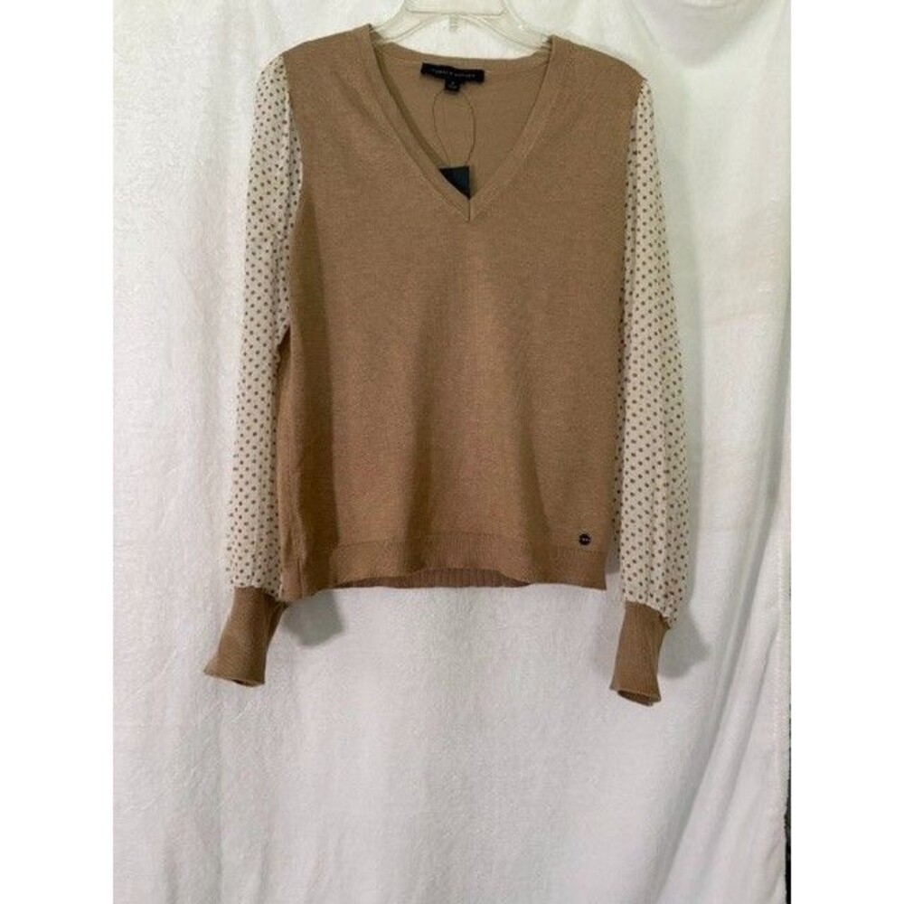 Tommy Hilfiger Women’s Sweater Size M Tan V Neck Sheer Polka Dot Sleeves NWT